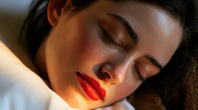 A serene close-up of a woman sleeping peacefully in bed, her head resting on a pillow with warm, natural light on her face