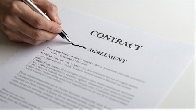 Hand signing contract agreement, formalizing legal terms and obligations.