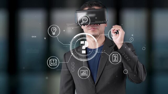 Businessman Wearing Virtual Reality Headset with Digital Icons Representing Technology, Innovation, and Data Analysis in Modern Office Environment. Entropy.