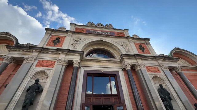 Low angle of museum entrance at Ny Carlsberg Glyptotek, Copenhagen, Denmark