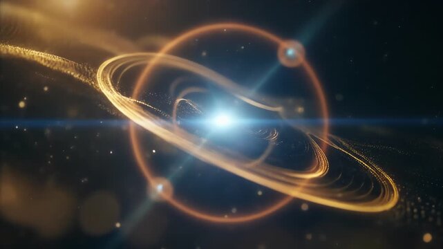 Radiant blue orb with glowing golden rings spiraling through a dark cosmic field, particles orbiting