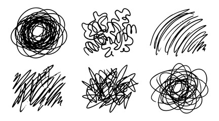 Minimalist black ink scribble vector illustration set featuring various abstract hand drawn loops and chaotic artistic lines on white background © Ibnu Gazali