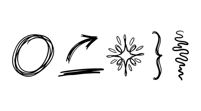 Hand drawn doodle vector graphic elements featuring a scribble circle arrow star spark bracket and wavy line for creative designs