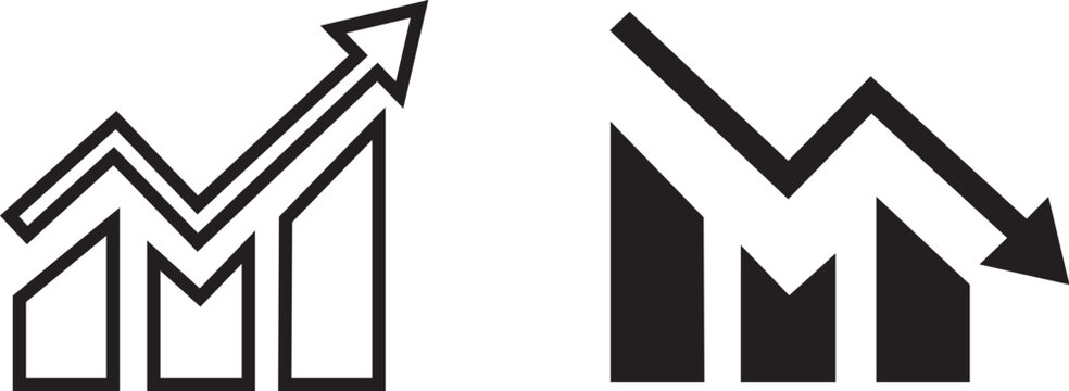 Two black and white line graph icons with arrows pointing up and down  business statistics symbols  growth and decline charts
