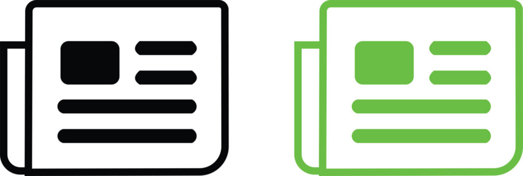 Simple line icons of two documents with sample text one black outlined and one green outlined on white background