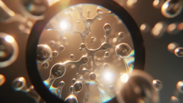 Macro image through a circular lens reveals translucent cellular networks and tiny bubbles, bathed in warm light, creating glowing orbs, refractive edges, and a dreamy, textured microcosm of biology