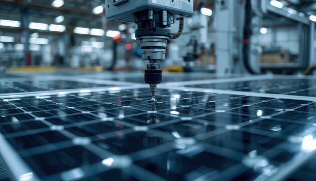 Robotic arm manufactures photovoltaic solar panels inside an automated high-tech industrial assembly factory.