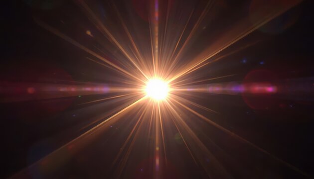 Sunlight burst radiates across a dark background with sharp golden rays and lens flare effects.