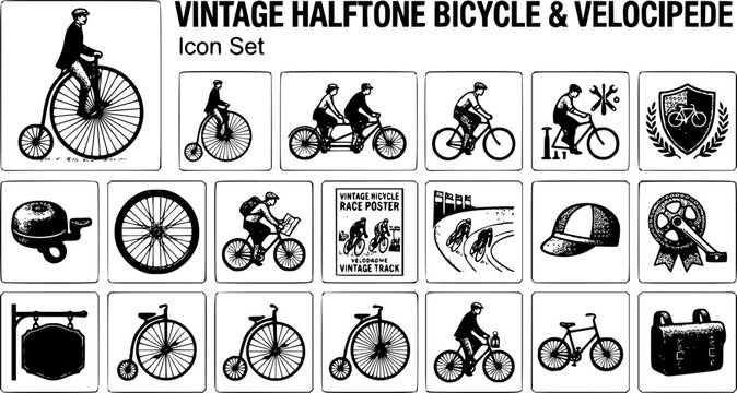 Vintage Halftone Bicycle and Velocipede Icon Set with Penny Farthing, Vintage Tandem, Cyclist in Knickerbockers and Velodrome Track, 20 Icons for Cycling Heritage Brands, Stipple Engraving