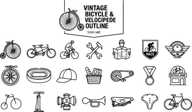 Vintage Bicycle and Velocipede Outline Icon Set with Penny Farthing, Vintage Tandem, Cyclist in Knickerbockers and Velodrome Track, 20 Icons Editable Strokes