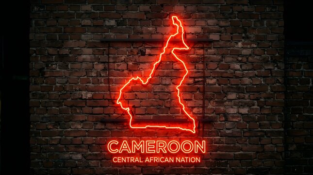 Bright red neon light shaped like the map of cameroon mounted on a dark textured brick wall creating a vibrant and modern urban aesthetic design piece