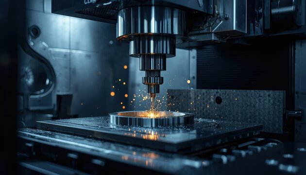 Automated metal lathe drills into a circular component while creating bright orange sparks in a dim workshop.