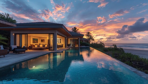 Luxury villa features an infinity pool overlooking the ocean during a vibrant sunset with a clear sky.