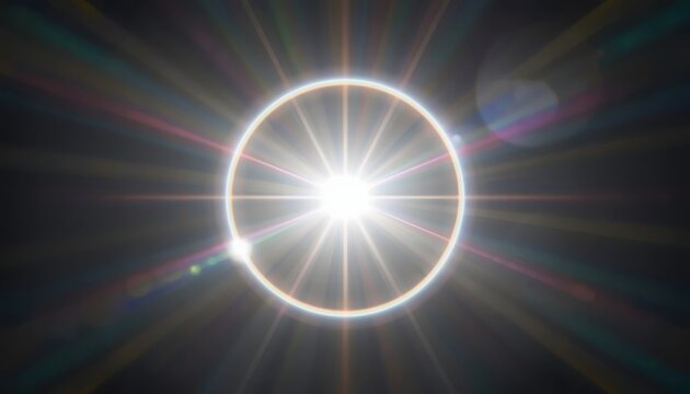 Circular light flare radiates intense white energy beams against a deep dark background.