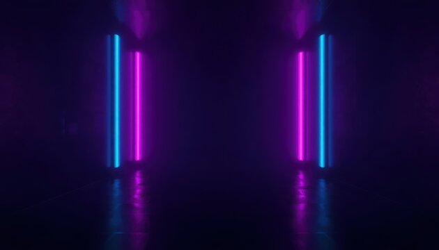 Neon lights glow in vibrant purple and blue hues within a dark industrial corridor setting.