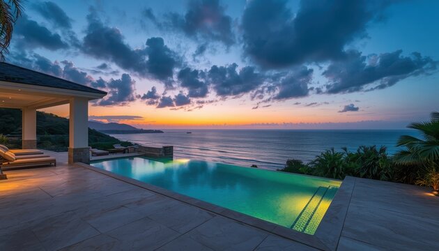 Swimming pool overlooks the ocean during a vibrant sunset at a luxurious tropical resort villa.