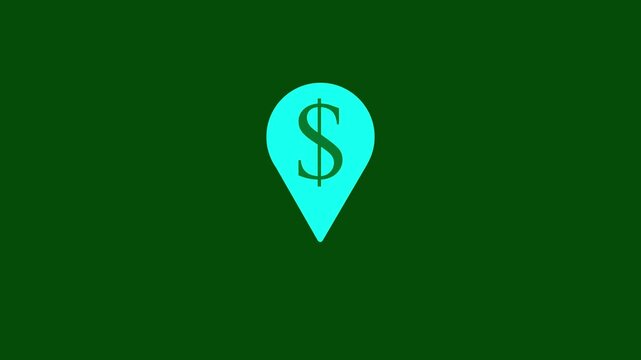 Animation  Blue  Map Pin Dollar Sign Icon on Dark Green Background Motion Graphic for Money Location, ATM Finder, Bank Navigation, Finance, and Interface 4k stock  video.