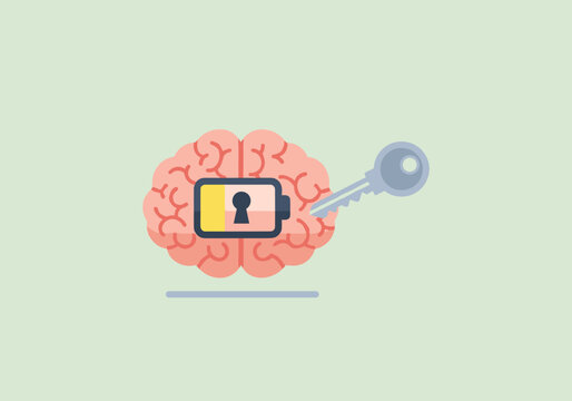Key unlocking mental potential in a brain with battery icon