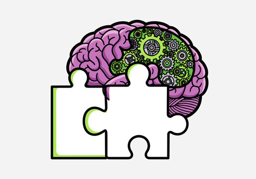 Mental puzzle brain with green gears and interlocking pieces
