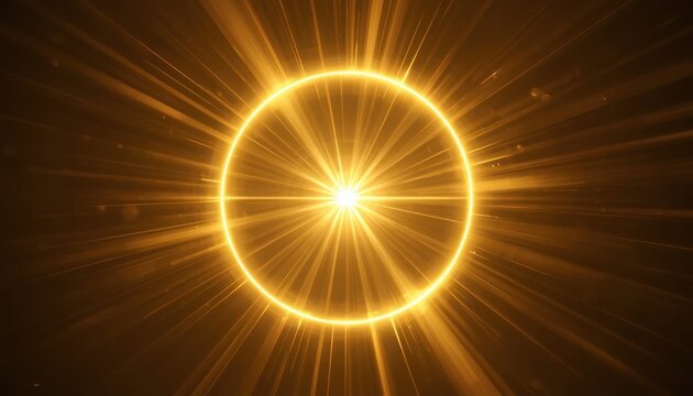 Glowing golden ring pulses with intense light and radiating beams against a deep atmospheric backdrop.
