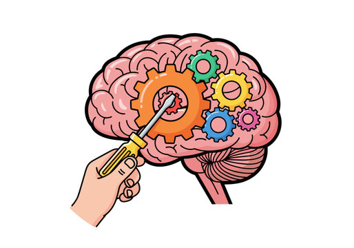 Hand using screwdriver to adjust gears inside human brain