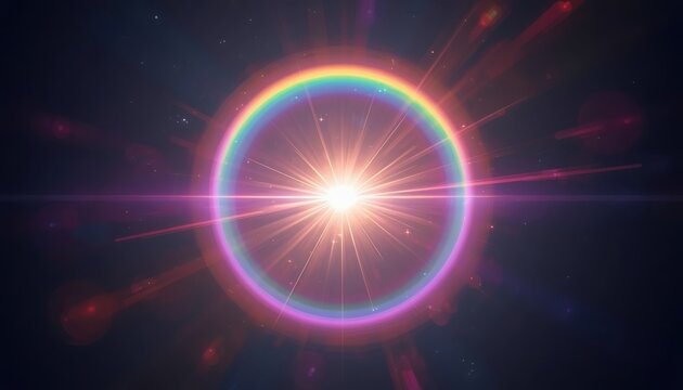 Rainbow circular lens flare radiates from a central point of bright light against a dark cosmic backdrop.