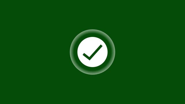 Glowing green checkmark icon animation with pulsing radio waves on green screen background. Right mark tick icon loop, correct answer validation button animation, green screen 4k stock video.