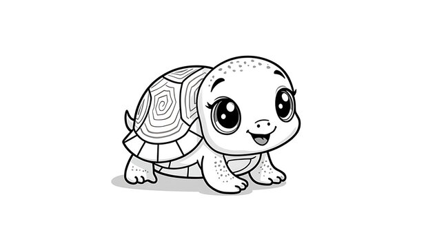 Cute cartoon turtle with big eyes in black and white illustration