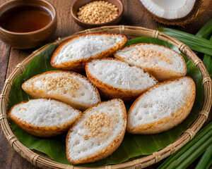 Naklejka premium Traditional Indonesian Kue Pancong with Grated Coconut on Wooden Plate