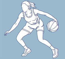 Line sketch illustration of a female basketball player practicing and dribbling the ball agilely  © SasubuArt