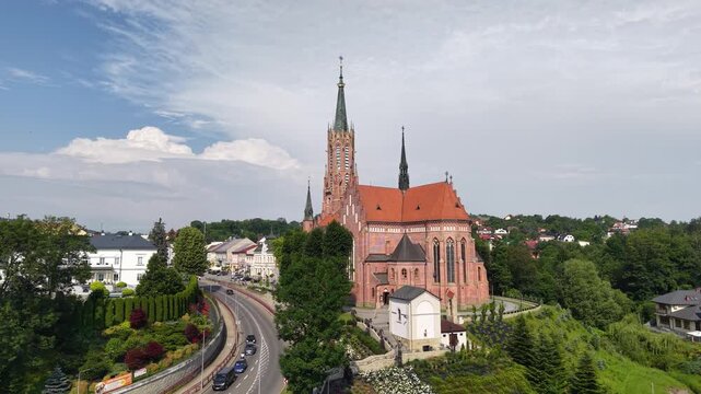Flight over Minor Basilica of Saint Catherine of Alexandria in Grybow, Poland