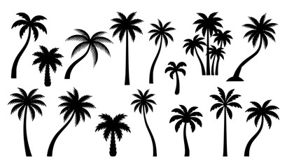 Fototapeta premium Modern Tropical Palm Tree Silhouette Vector Bundle with Black Botanical Trees Isolated on White Background