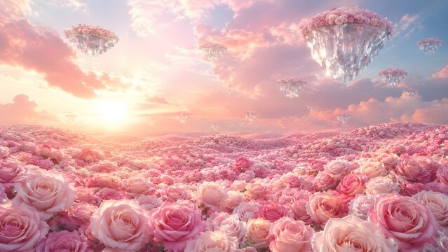 Fantasy landscape with floating crystal diamonds and pink rose gardens in the sky. Beautiful surreal valley of flowers at sunset with fluffy clouds background.