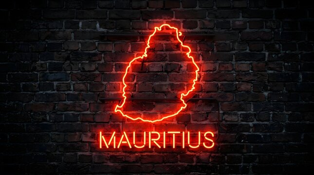 Bright orange neon sign depicting the map of mauritius island glowing against a dark textured brick wall background in a modern artistic style studio setting