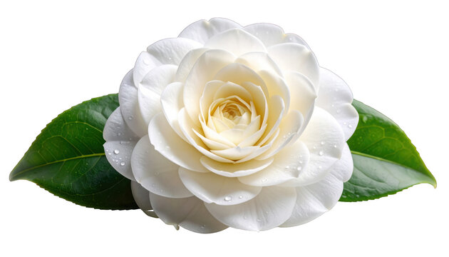 White camellia blossom with vibrant green leaves and dew drops isolated on white background for spa and nature design projects