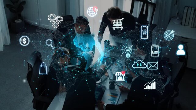 Business team collaborating on digital marketing strategy with global connectivity interface showcasing technology icons and data analysis in modern office. Entropy.