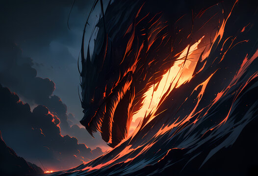 Fiery dragon monster head with glowing fire and dark fantasy background