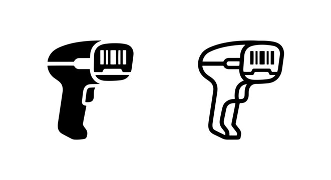 Handheld barcode reader icon set in solid and outline style with handheld