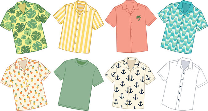 Men Summer Hawaiian Shirt Vector Collection with Tropical Prints, Short Sleeves, Beach Patterns, and Casual Aloha Apparel Icons for Holiday Designs
