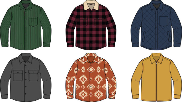 Men Winter and Autumn Jacket Shirt Vector Set with Flannel Plaid, Quilted Patterns, and Aztec Prints for Casual Outerwear Apparel Designs