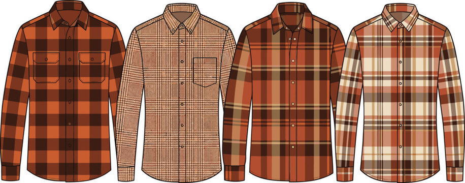 Men Plaid Flannel Shirt Vector Set with Tartan Check Patterns and Long Sleeves for Fashion Design Mockups and Apparel Templates