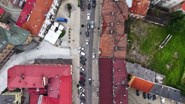 Top down aerial view of historic old town street in Tarnow city, Poland