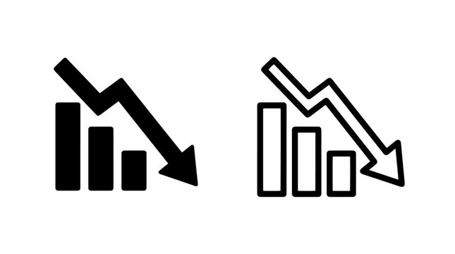 Declining bar chart icons with downward trend arrow in black and white