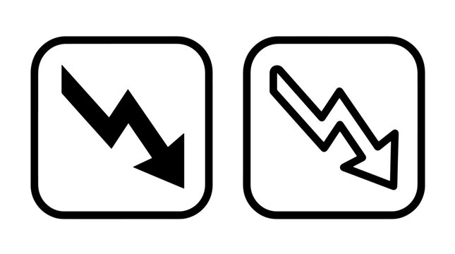 Downward trend arrow icons in square frames for business data with decrease