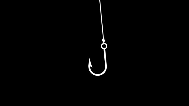 Fishing hook. A blue fisherman's hook on a blue fishing line descends from above and moves to the sides. Phishing on the Internet. Metal fishing hook on a line. 2d flat animation. Alpha chann