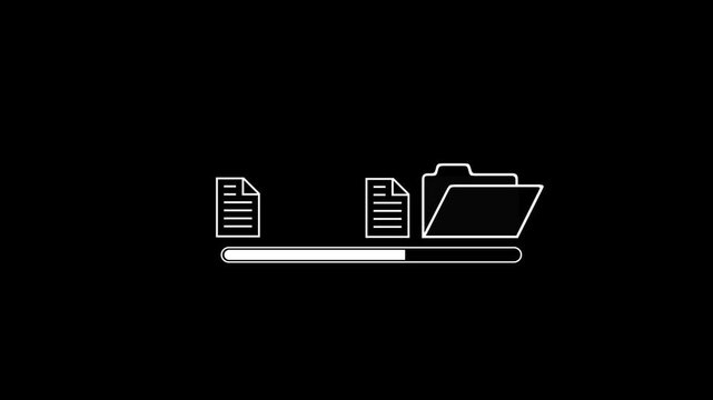 Premium 2D animation of golden folders with a white progress bar and moving documents. Represents high-end business data processing, financial file transfers, and luxury tech concepts on a transparen