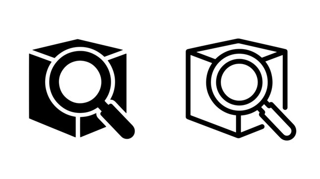 Search magnifier over cube icon set in solid and outline styles