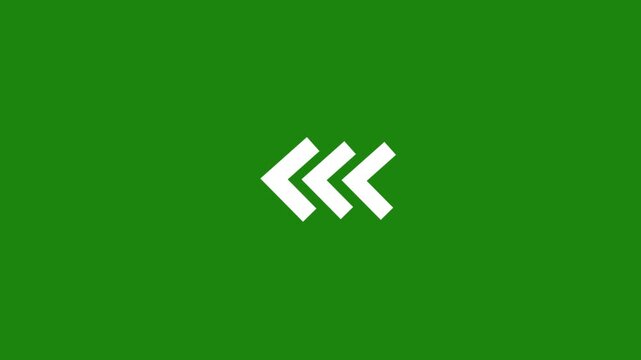 Animation of an arrow pointer, flashing forward and backwards (right, left), in three variants: choose your favourite, cut it and loop it. White shape on green background.