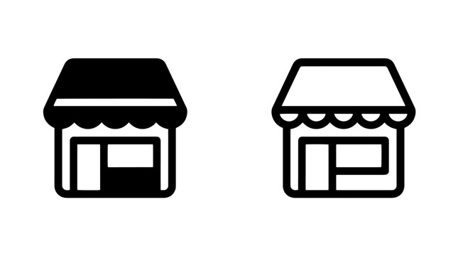 Set of retail store shop front icons in black and outline style