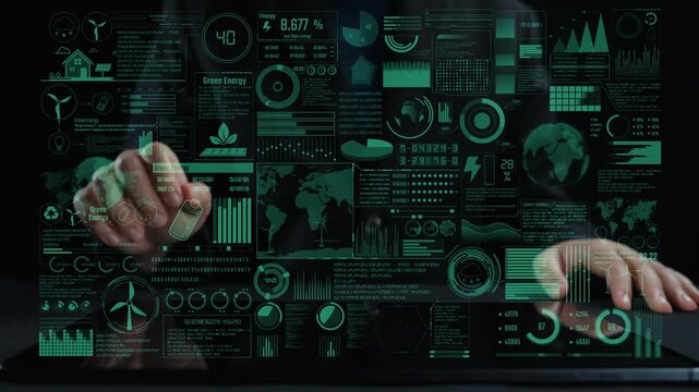 Explore a dynamic visualization of green energy data featuring innovative digital graphs and statistics, emphasizing the future of renewable energy solutions and sustainability. Cipher